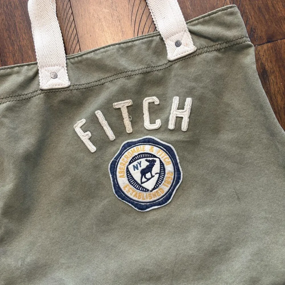 Abercrombie & Fitch Tote Bag Womens Medium Green Canvas Logo Patch Embroidered